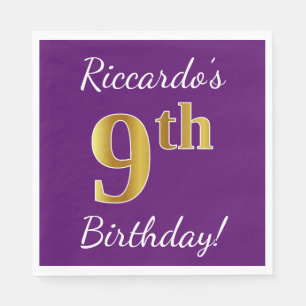 Purple, Faux Gold 9th Birthday + Custom Name Napkin