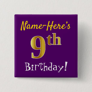 Purple, Faux Gold 9th Birthday, With Custom Name 2 Inch Square Button