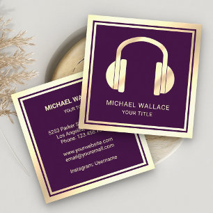 Purple Faux Gold Foil Headphones Music DJ Square Business Card
