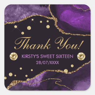 Purple & Faux Gold Glitter Agate Sweet 16 Square Sticker