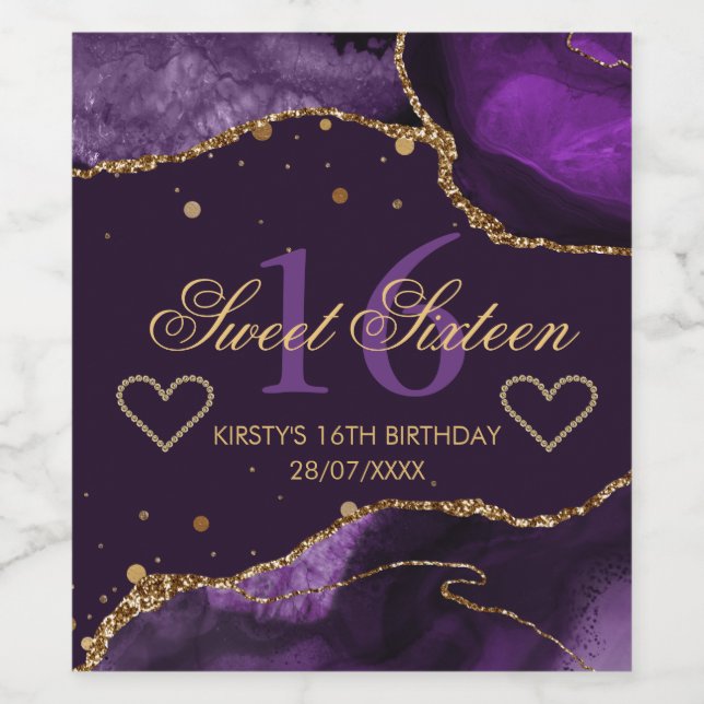 Purple & Faux Gold Glitter Agate Sweet 16 Wine Label (Single Label)