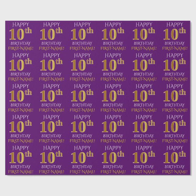 Purple, Faux Gold "HAPPY 10th BIRTHDAY" Wrapping Paper (Flat)