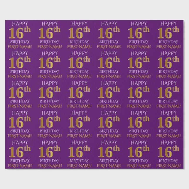 Purple, Faux Gold "HAPPY 16th BIRTHDAY" Wrapping Paper (Flat)