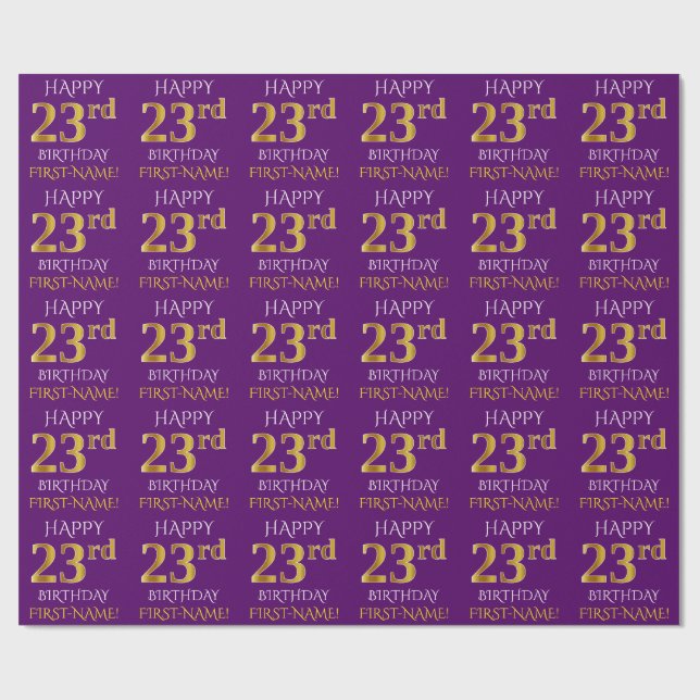 Purple, Faux Gold "HAPPY 23rd BIRTHDAY" Wrapping Paper (Flat)