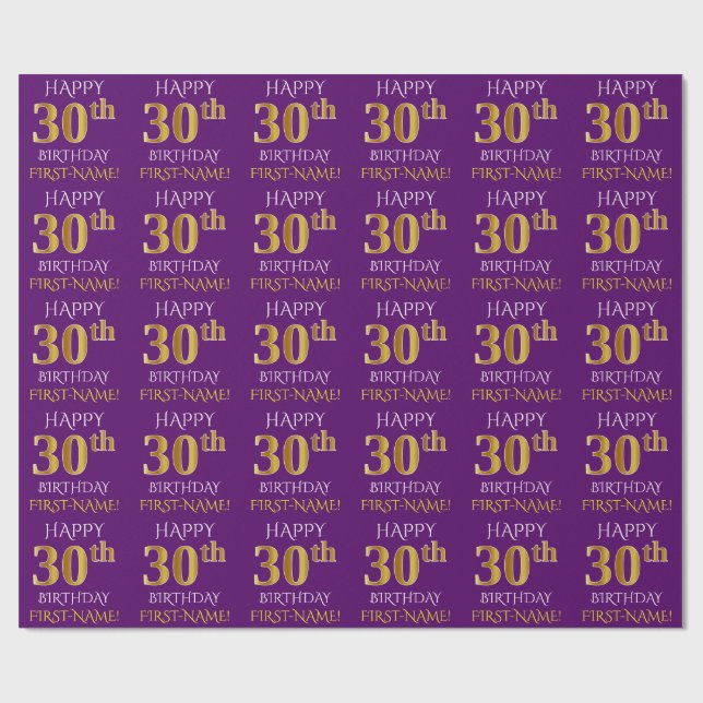 Purple, Faux Gold "HAPPY 30th BIRTHDAY" Wrapping Paper (Flat)