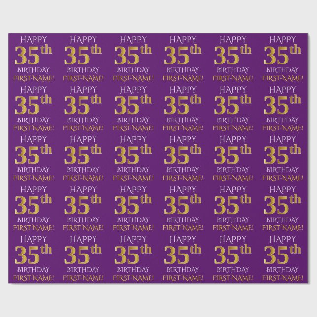 Purple, Faux Gold "HAPPY 35th BIRTHDAY" Wrapping Paper (Flat)
