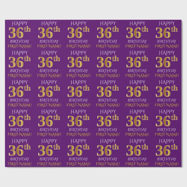Purple, Faux Gold "HAPPY 36th BIRTHDAY" Wrapping Paper (Flat)