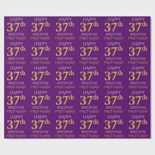 Purple, Faux Gold "HAPPY 37th BIRTHDAY" Wrapping Paper (Flat)