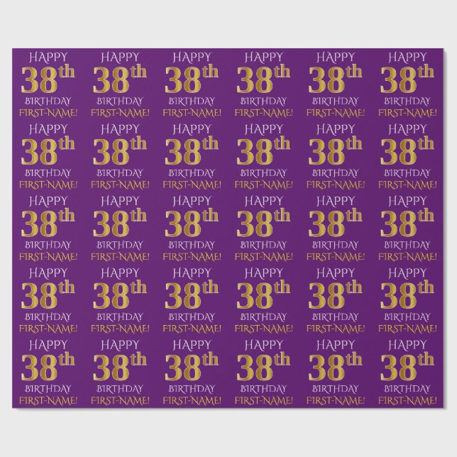 Purple, Faux Gold "HAPPY 38th BIRTHDAY" Wrapping Paper (Flat)