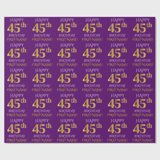 Purple, Faux Gold "HAPPY 45th BIRTHDAY" Wrapping Paper (Flat)