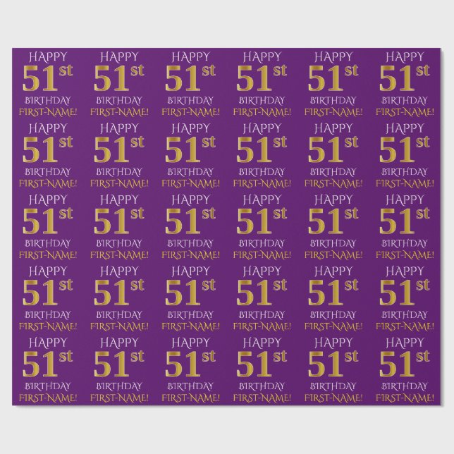Purple, Faux Gold "HAPPY 51st BIRTHDAY" Wrapping Paper (Flat)
