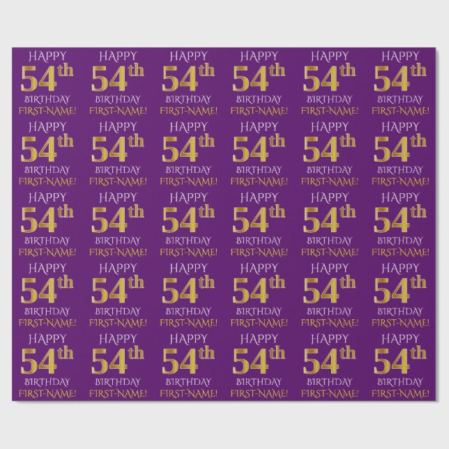 Purple, Faux Gold "HAPPY 54th BIRTHDAY" Wrapping Paper (Flat)