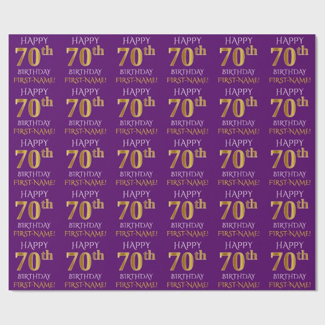 Purple, Faux Gold "HAPPY 70th BIRTHDAY" Wrapping Paper (Flat)