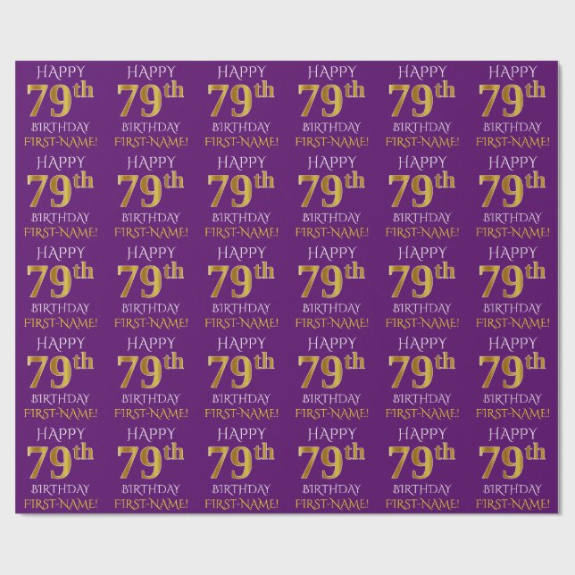 Purple, Faux Gold "HAPPY 79th BIRTHDAY" Wrapping Paper (Flat)
