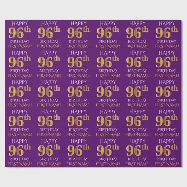 Purple, Faux Gold "HAPPY 96th BIRTHDAY" Wrapping Paper (Flat)