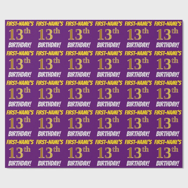 Purple, Faux/Imitation Gold, "13th BIRTHDAY" Wrapping Paper (Flat)