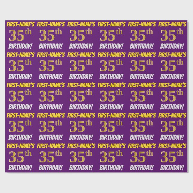 Purple, Faux/Imitation Gold, "35th BIRTHDAY" Wrapping Paper (Flat)