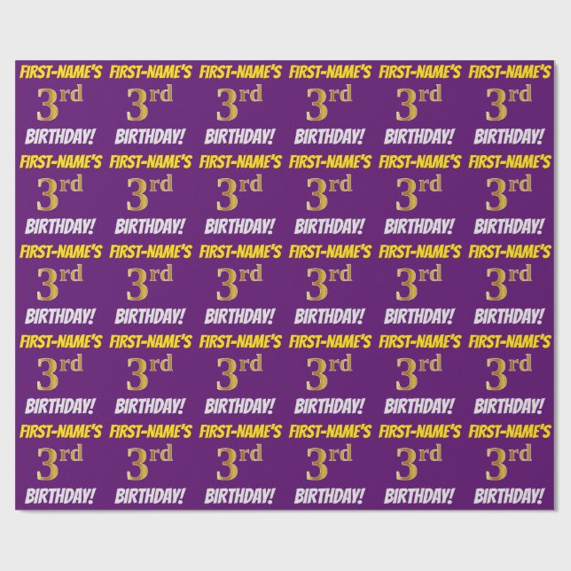 Purple, Faux/Imitation Gold, "3rd BIRTHDAY" Wrapping Paper (Flat)