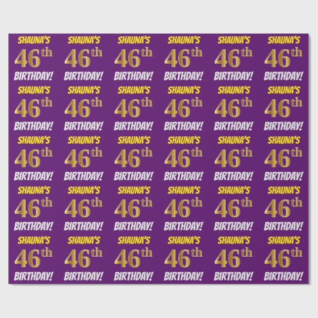 Purple, Faux/Imitation Gold, "46th BIRTHDAY" Wrapping Paper (Flat)
