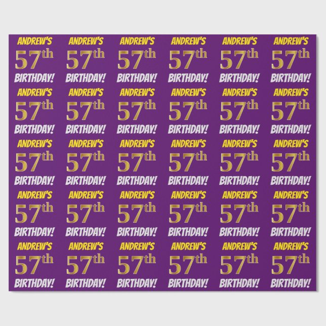Purple, Faux/Imitation Gold, "57th BIRTHDAY" Wrapping Paper (Flat)