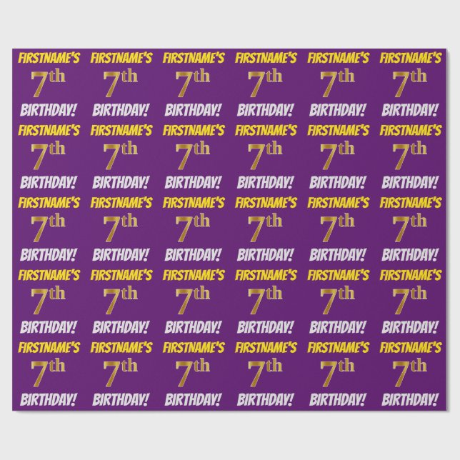 Purple, Faux/Imitation Gold, "7th BIRTHDAY" Wrapping Paper (Flat)