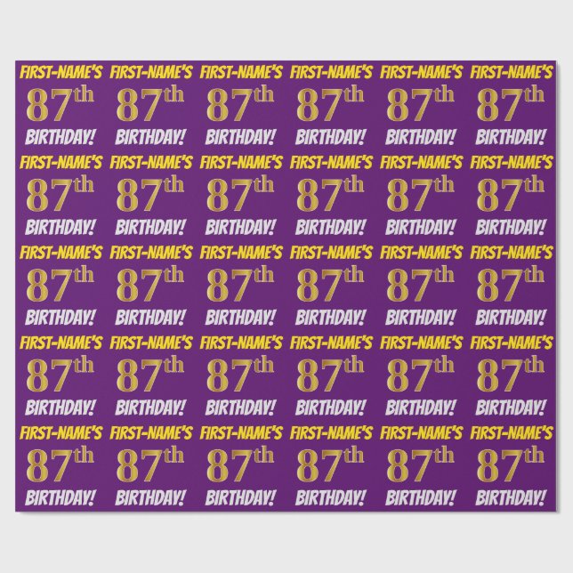 Purple, Faux/Imitation Gold, "87th BIRTHDAY" Wrapping Paper (Flat)