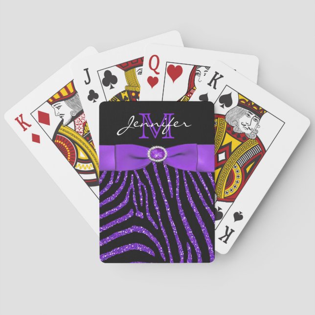 Purple FAUX Ribbon Glitter Zebra Playing Cards (Back)
