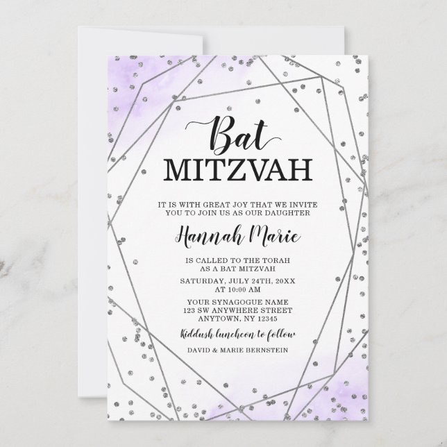 Purple Faux Silver Glitter Geometric Bat Mitzvah Invitation (Front)