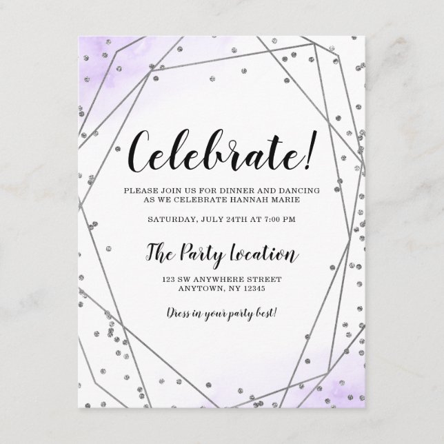 Purple Faux Silver Glitter Geometric Reception Enclosure Card (Front)