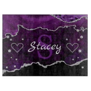 Purple & Faux Silver Glitter Marble Agate Monogram Cutting Board