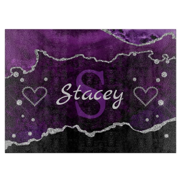 Purple & Faux Silver Glitter Marble Agate Monogram Cutting Board (Front)