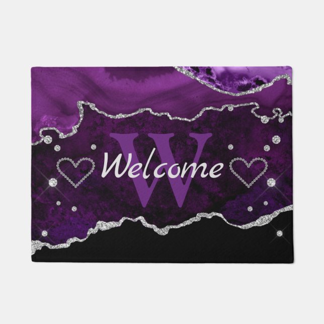 Purple & Faux Silver Glitter Marble Agate Monogram Doormat (Front)