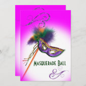 Purple Feather Mask Purple Masquerade Party Invitation (Front/Back)