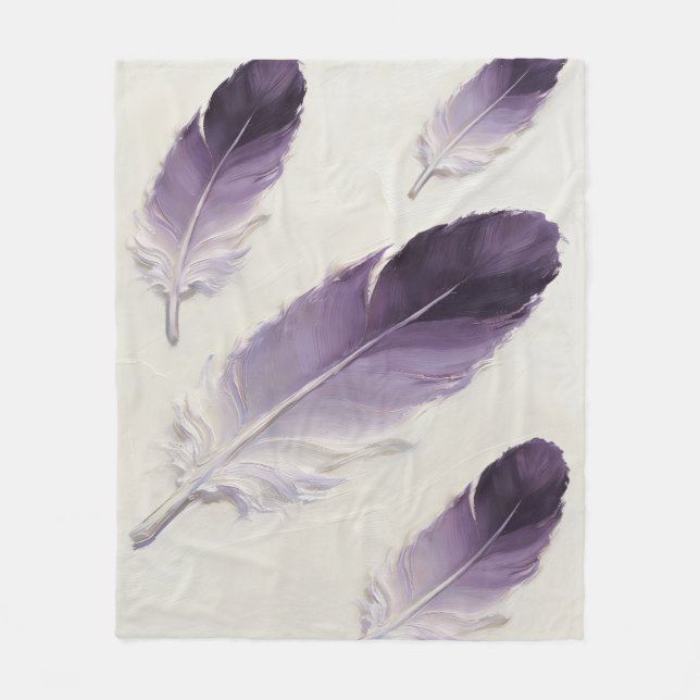 Purple Feather Soft Aesthetic Modern Boho Fleece Blanket (Front)