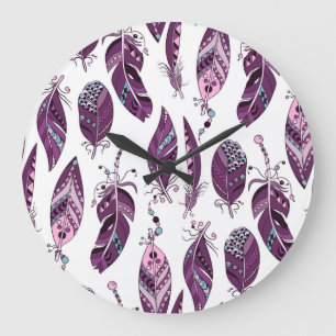 Purple Feathers: Vintage Ornamental Seamless. Large Clock