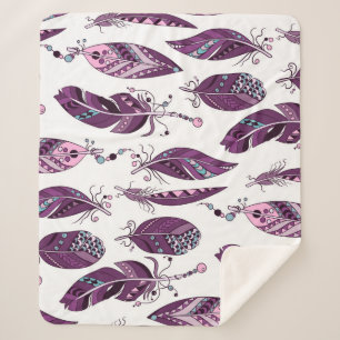 Purple Feathers: Vintage Ornamental Seamless. Sherpa Blanket