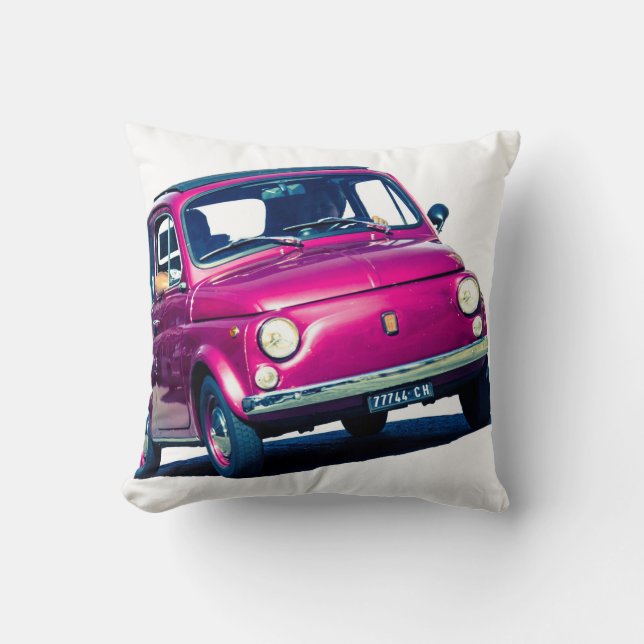 Purple Fiat 500 in Italy, classic car cushion (Front)