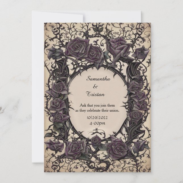Purple Filigree and Thorn Roses Goth Wedding Invitation (Front)