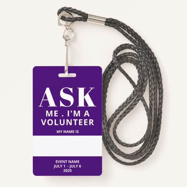 Purple Fill In Name Volunteer Badge (Front with Lanyard)