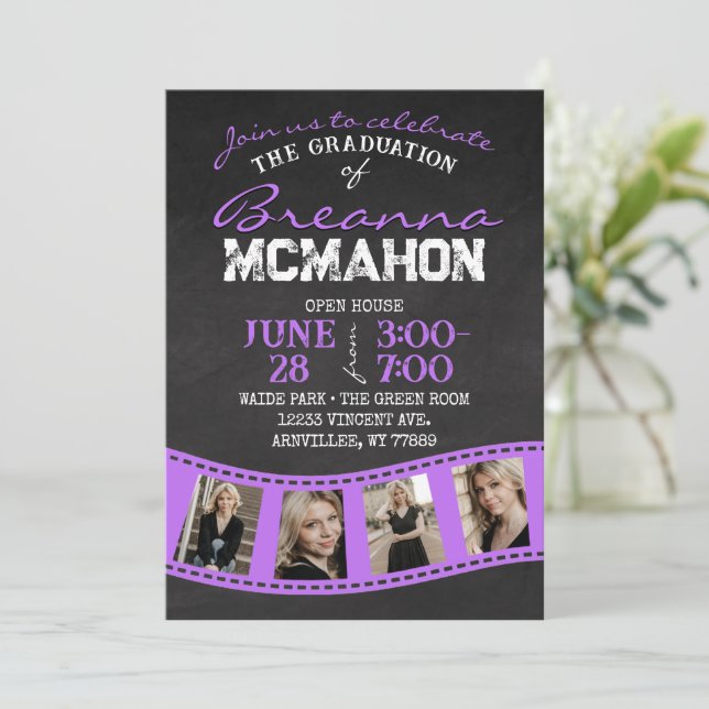 Purple Filmstrip Chalkboard Graduation Invitation (Standing Front)