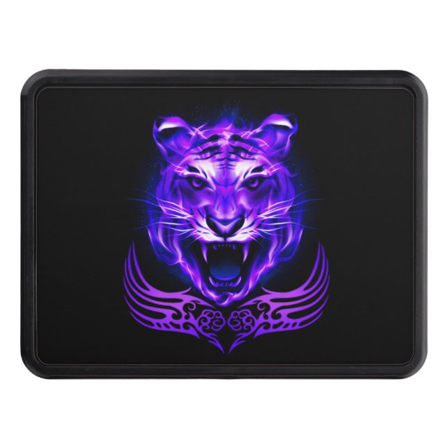 Purple Fire Flaming Tiger Cat Trailer Hitch Cover (Front)