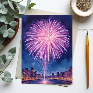 Purple Fireworks   Happy New Year Watercolor Holiday Card