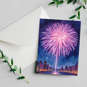 Purple Fireworks   Happy New Year Watercolor Holiday Card