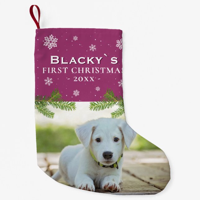 Purple First Christmas Puppy Photo Pine Snowflake Small Christmas Stocking (Front)