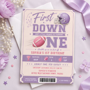 Purple First Down One Football 1st Birthday Invitation