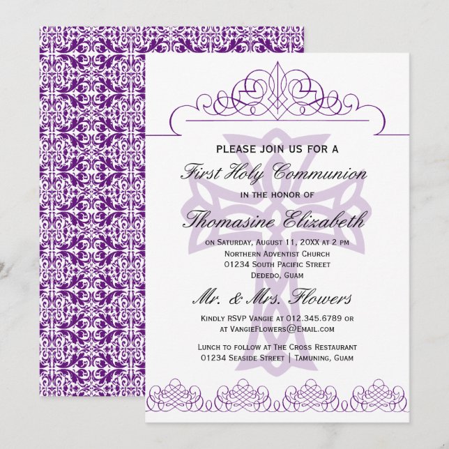 Purple First Holy Communion Cross Invitations (Front/Back)