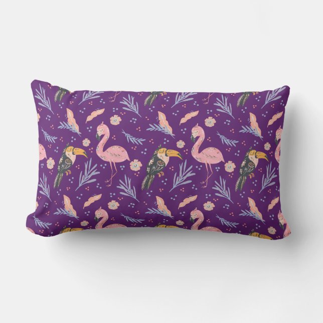 Purple Flamingos Tropical Jungle Summer Outdoor Lumbar Pillow (Front)