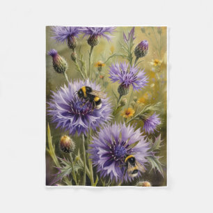 Purple Flax Wildflowers With Busy Bees Fleece Blan Blanket