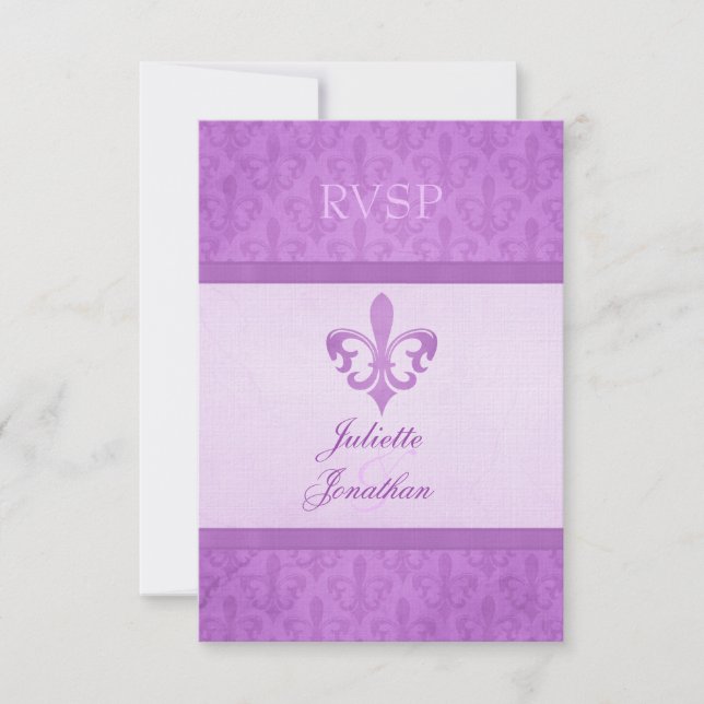 Purple Fleur De Lis formal wedding RSVP Card (Front)