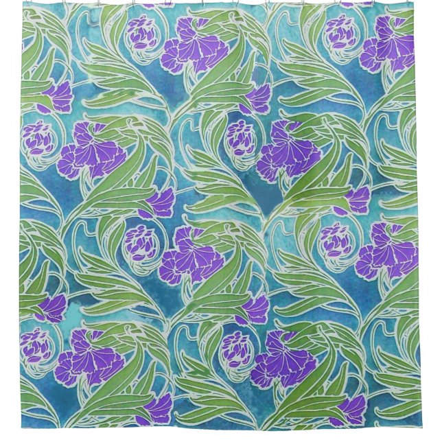 PURPLE FLEUR DE LIS ,GREEN LEAVES AQUA BLUE FLORAL (Front)